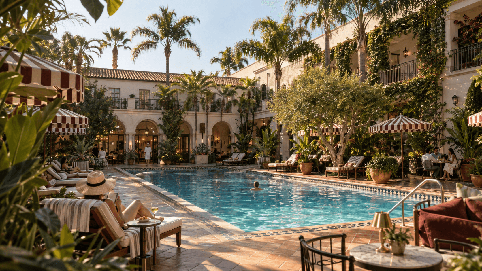 Lafayette Hotel, Golden-hour vintage hotel courtyard