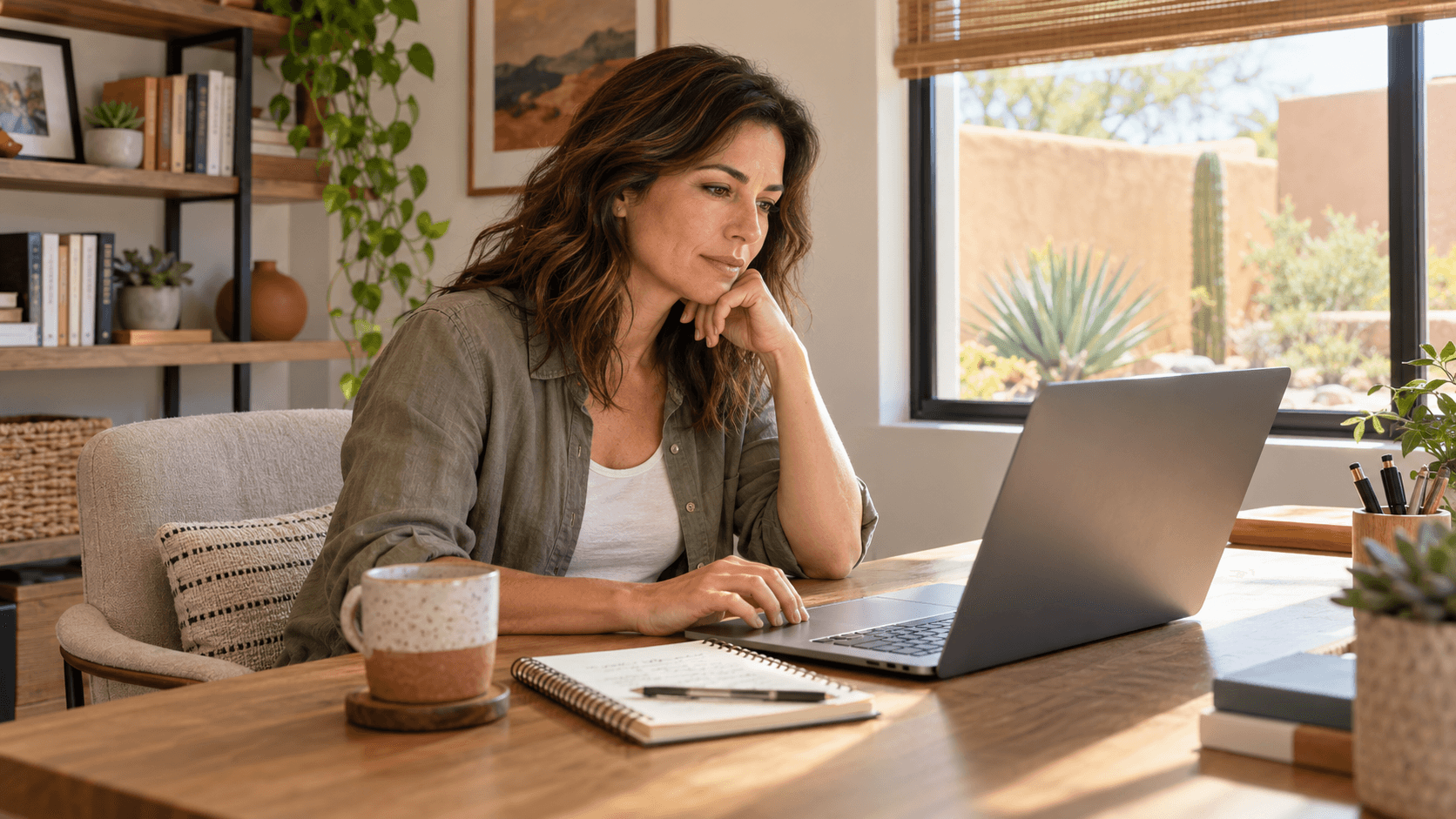 Woman using a laptop at a wooden desk in a sunlit home workspace overlooking desert landscaping.