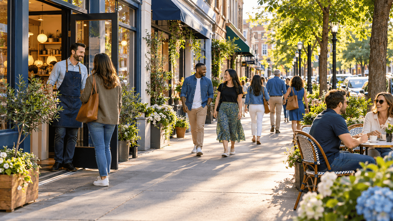 Lively neighborhood shops and café life