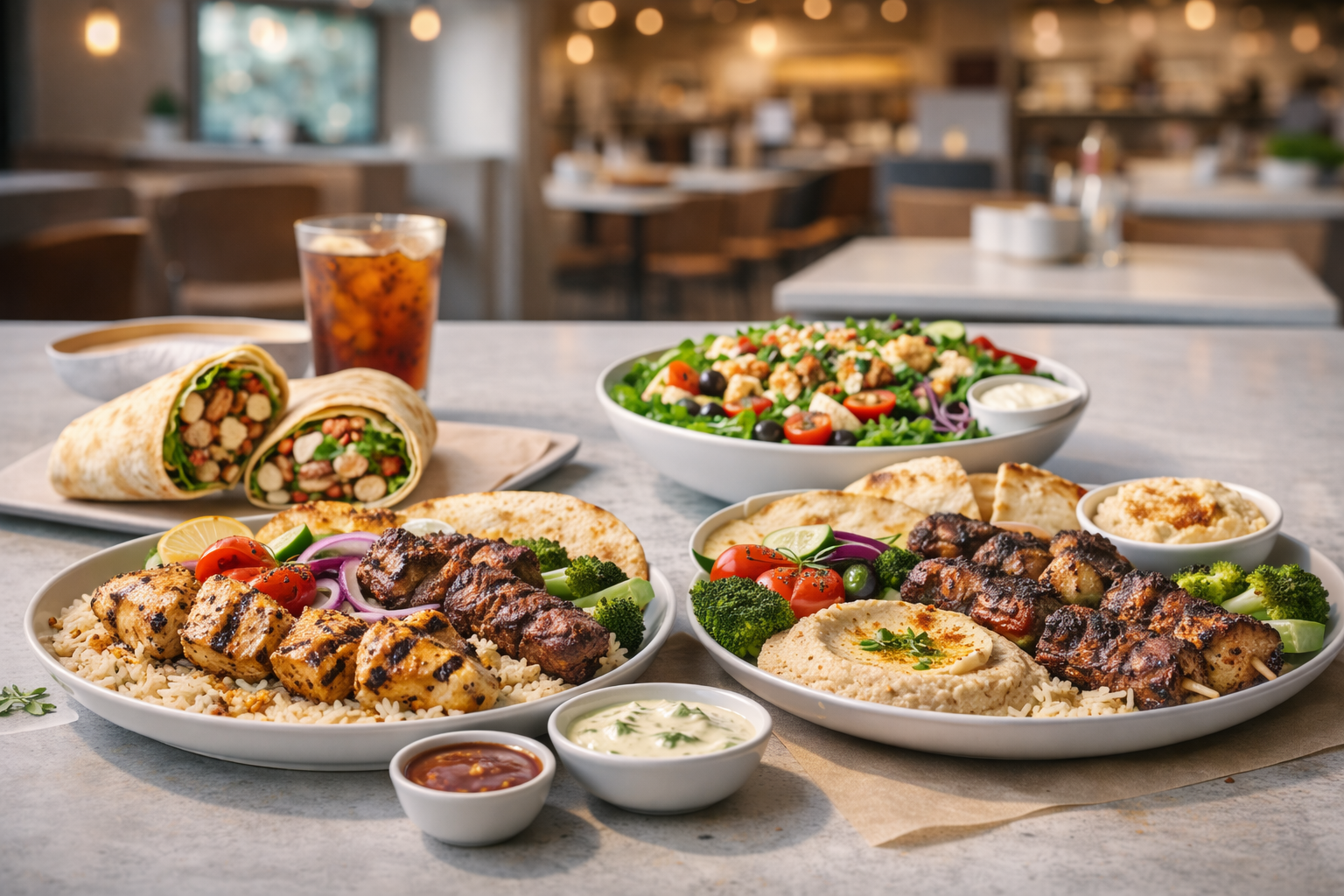 Luna Grill - Mediterranean meal spread in modern restaurant