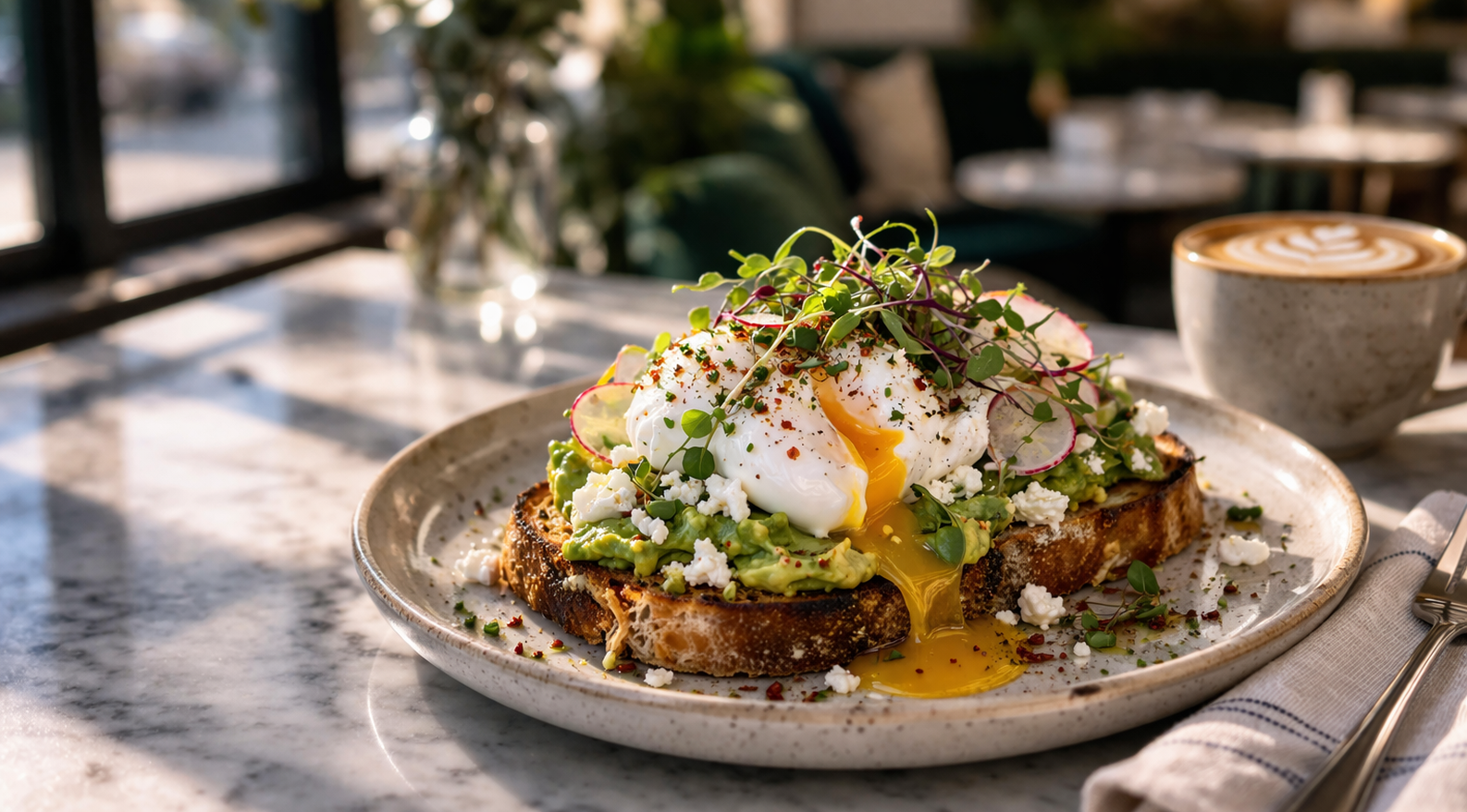 Avocado toast with poached eggs and latte
