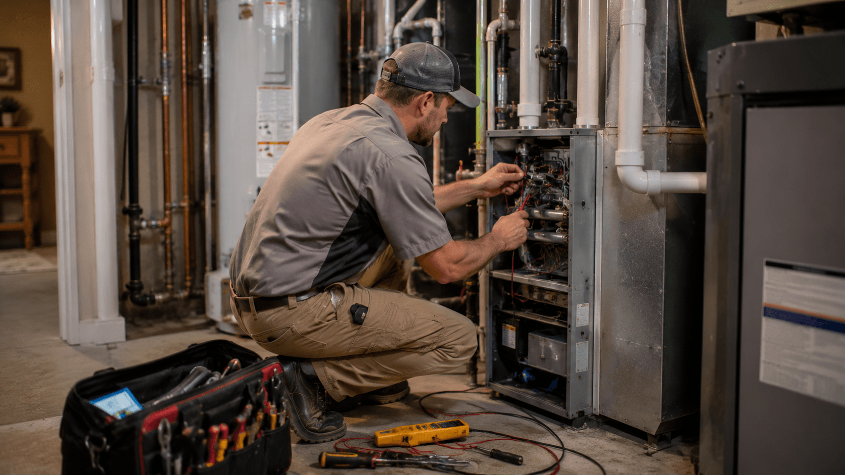 Minuteman Plumbing, Heating & Cooling HVAC technician working in utility room