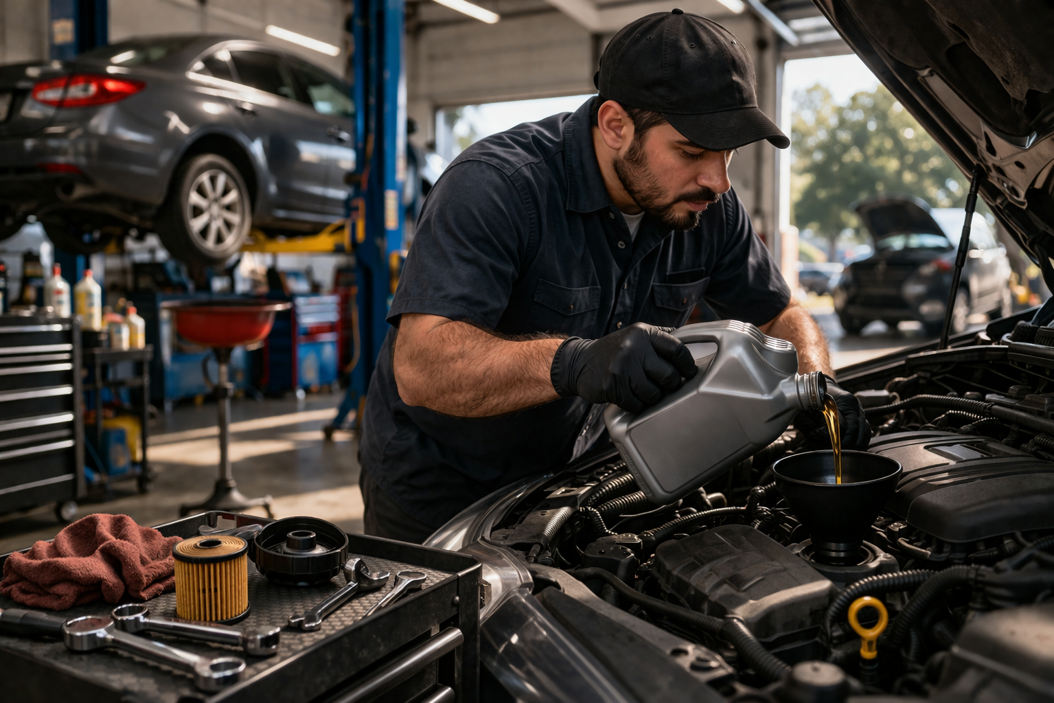 Mission Village Auto Care - Mechanic performing an oil change