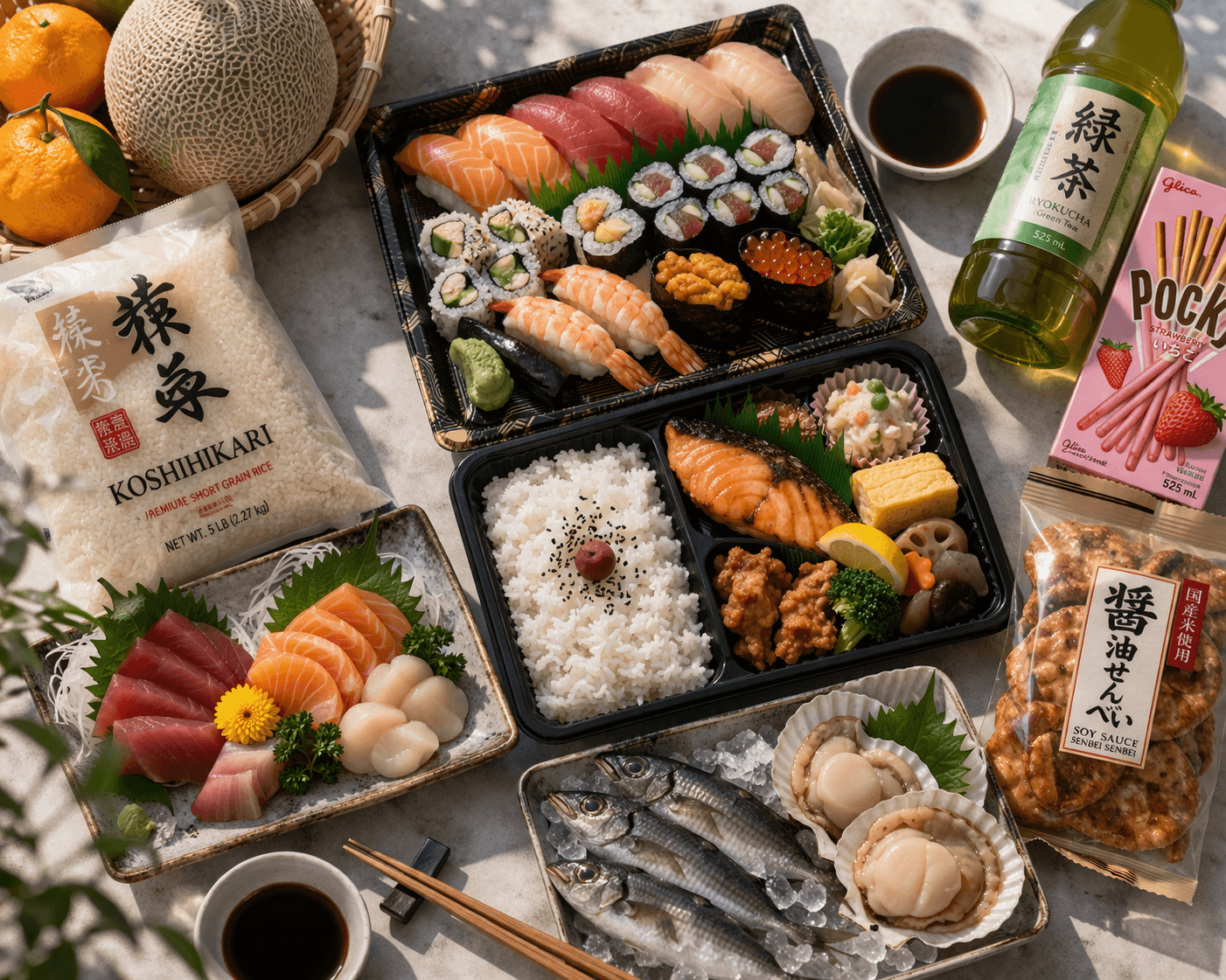 Mitsuwa Marketplace - Japanese market feast flat-lay spread