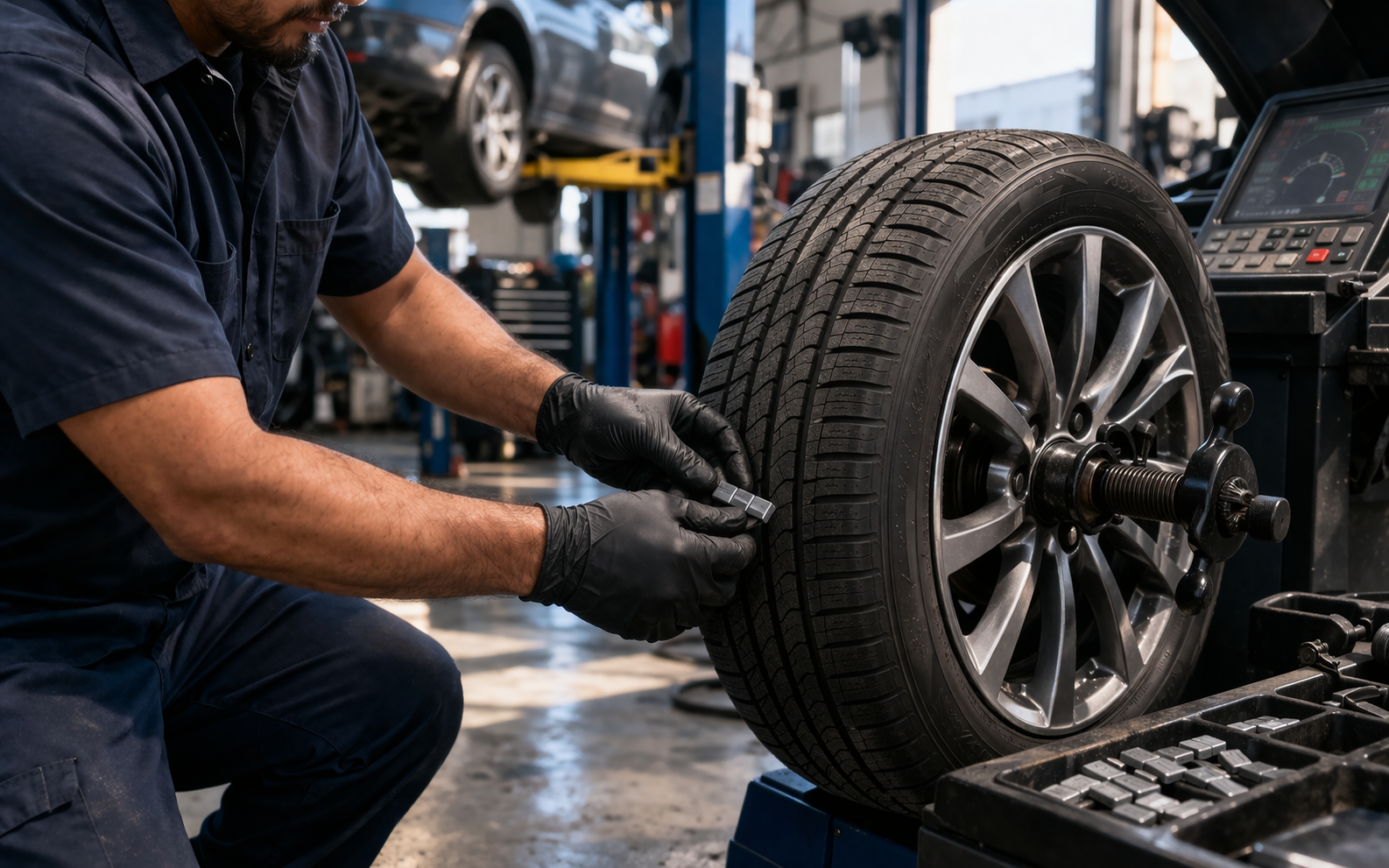 Ocean Beach Tire Center and Auto Repair - Focused mechanic balancing a car tire