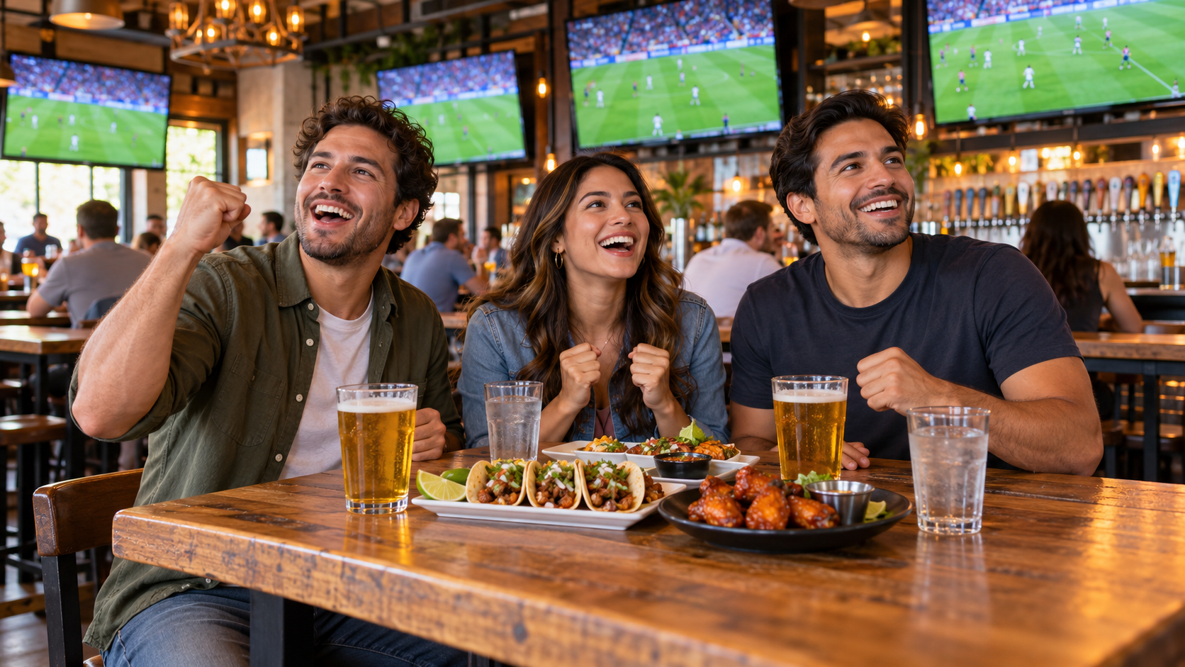Ojos Locos Sports Cantina, Friends cheer over tacos and soccer