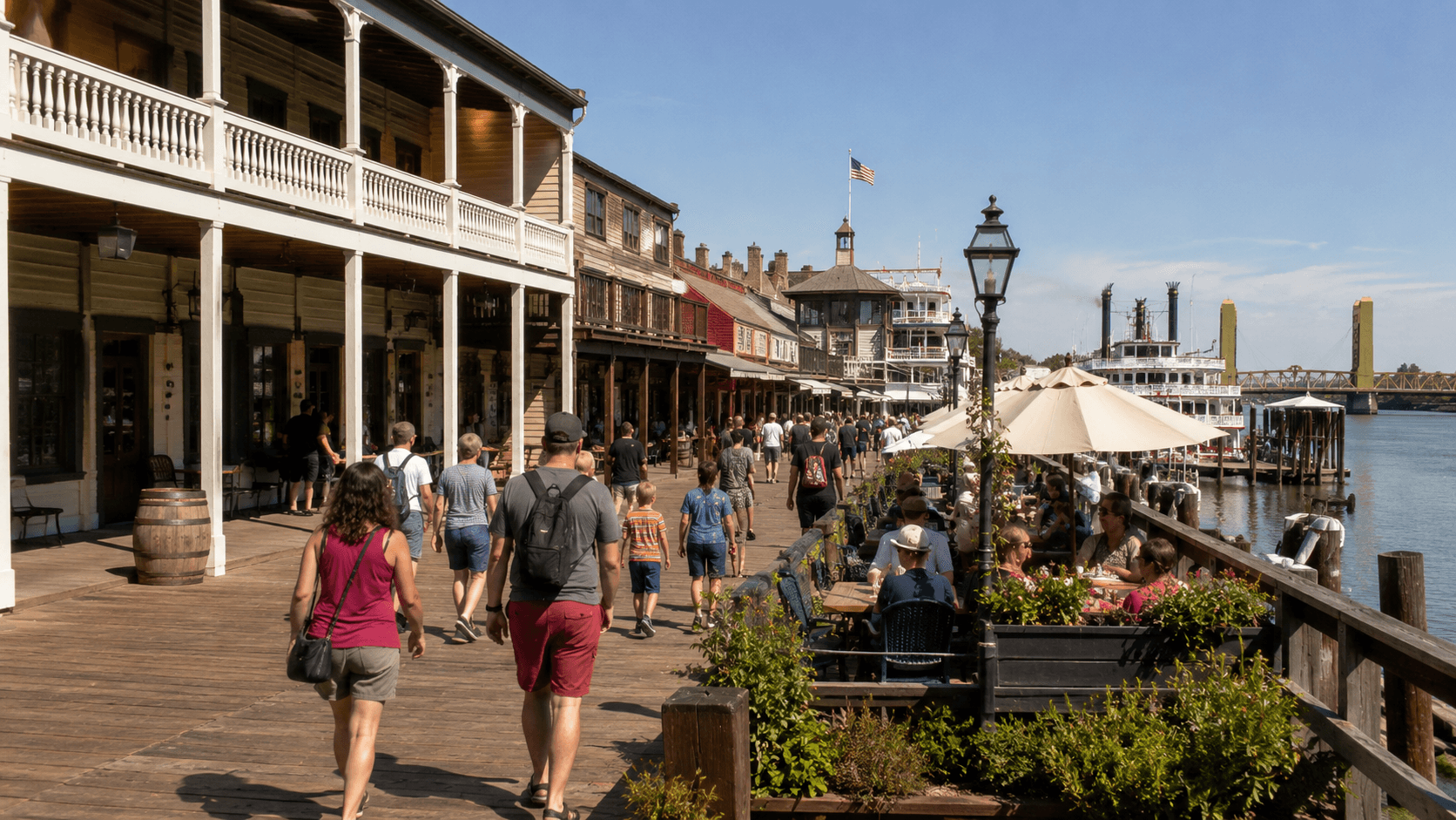 Old Sacramento Waterfront Sunshine stroll along the waterfront boardwalk
