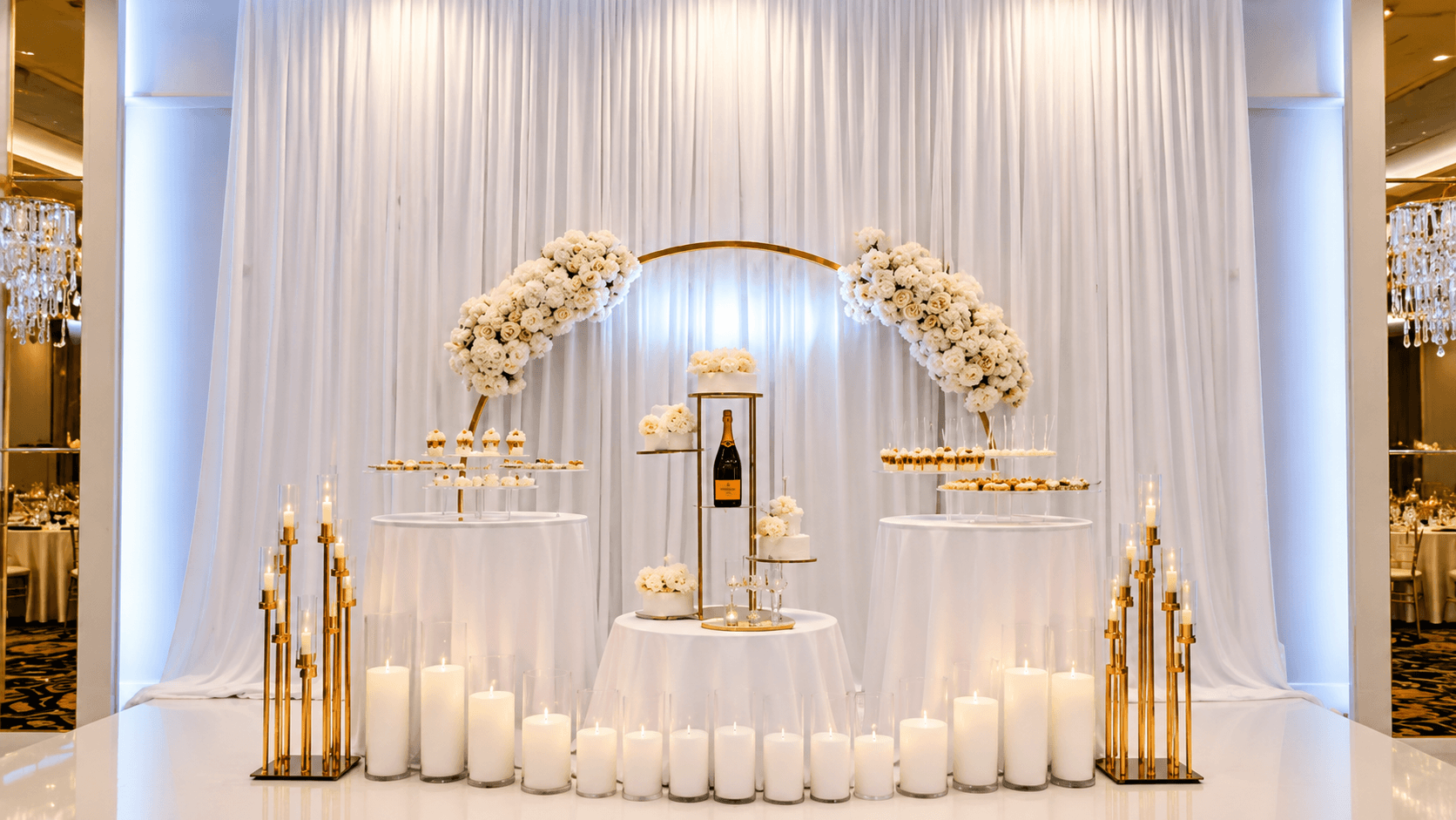 Omnia Event Venue Elegant wedding dessert display in gold and white