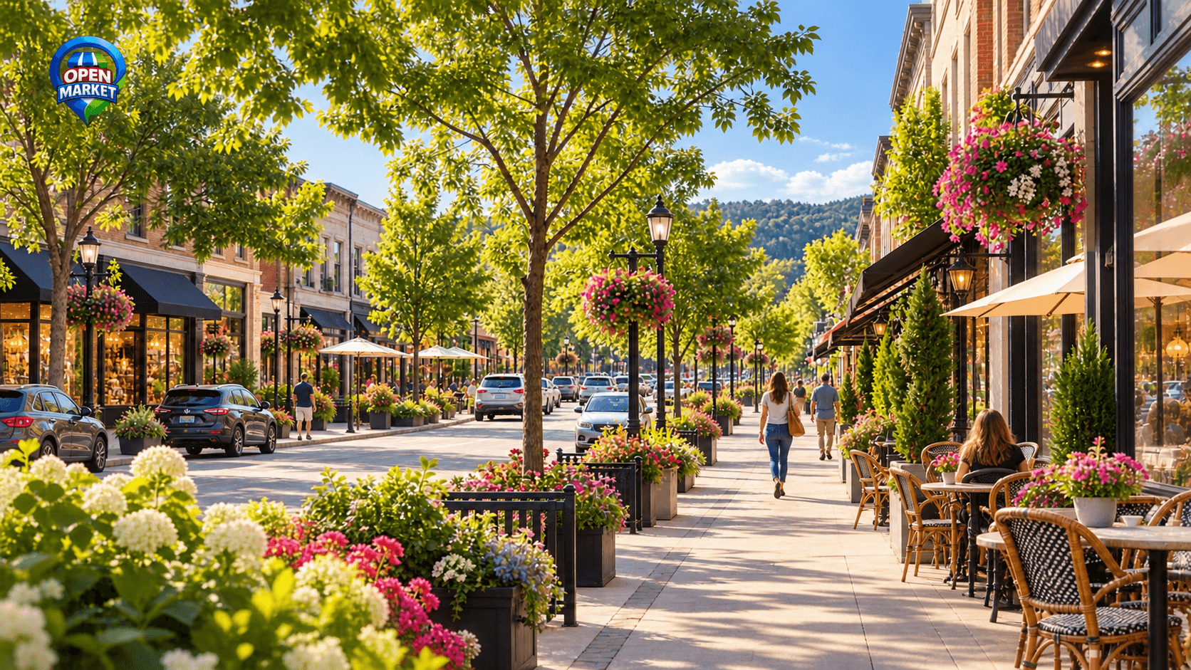 Open Market listing placeholder showing a lively neighborhood street with a small Open Market logo in the upper left. No business photo has been added.