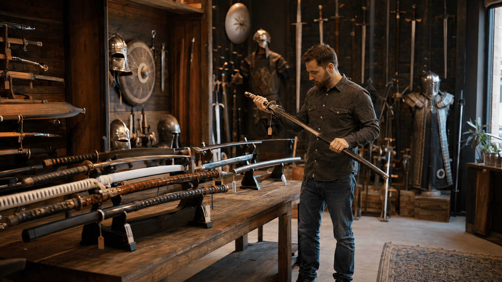 OzSwords collector showroom with decorative swords and armor