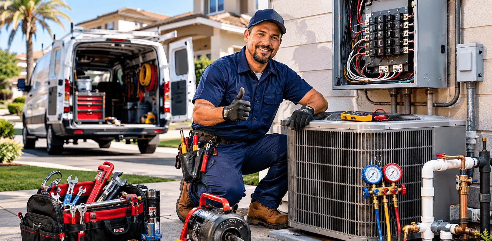 Point Loma Electric, Plumbing, Heating & Air Professional technician at work in suburb