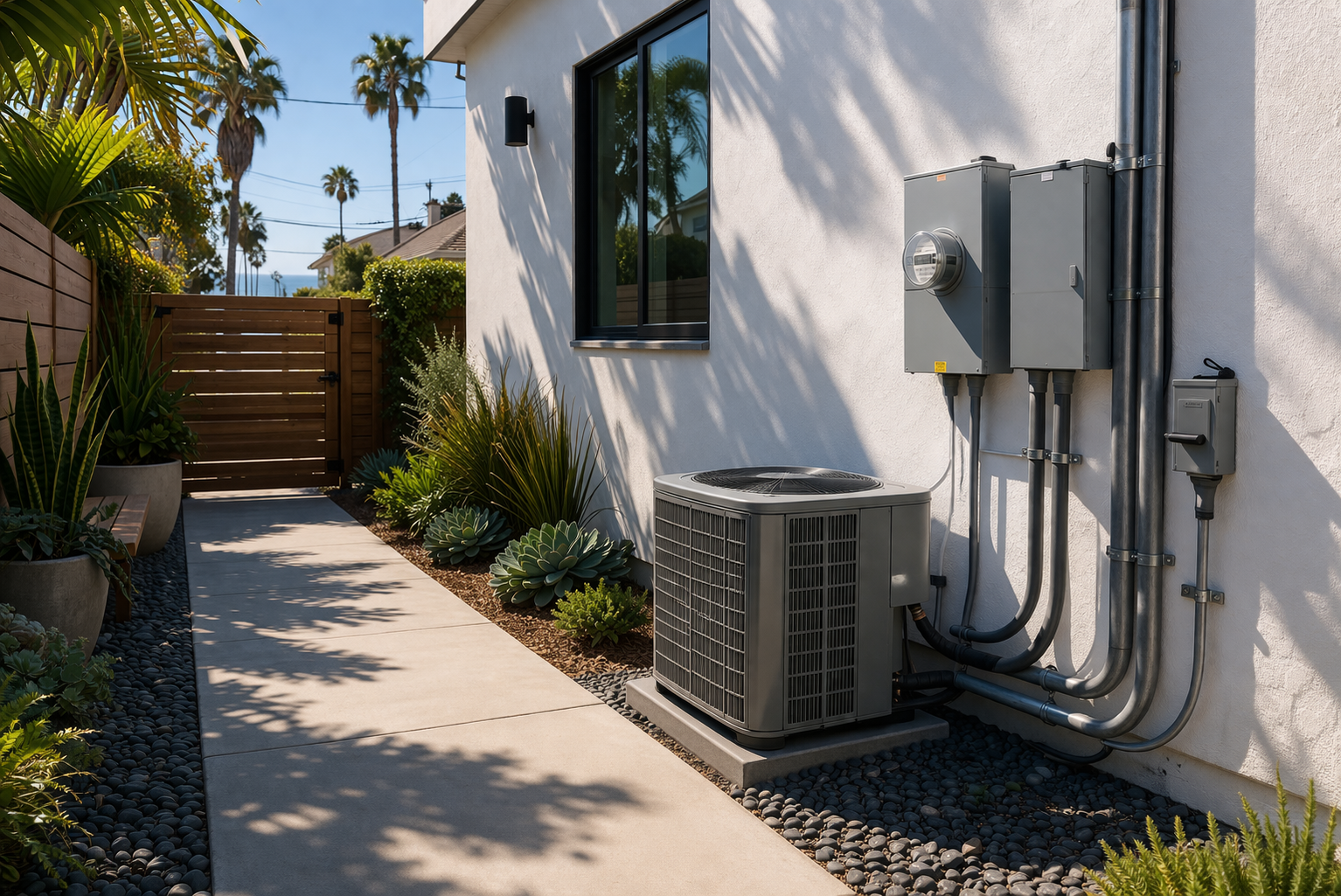 Point Loma Electric, Plumbing, Heating & Air - Sunny suburban side yard with utilities