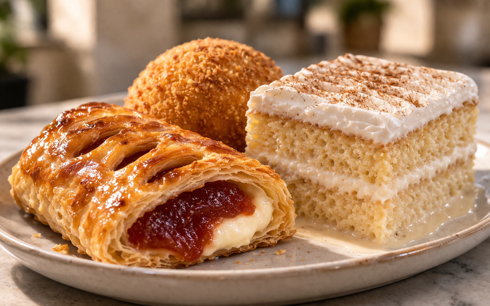 Portos Bakery and Cafe Downey - Pastry and cake trio on a plate