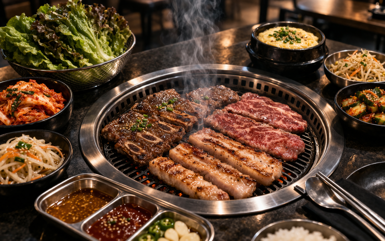 Prime Grill Korean BBQ & Restaurant - Sizzling Korean BBQ meal setup