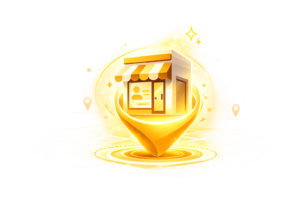 Golden storefront above glowing map pin