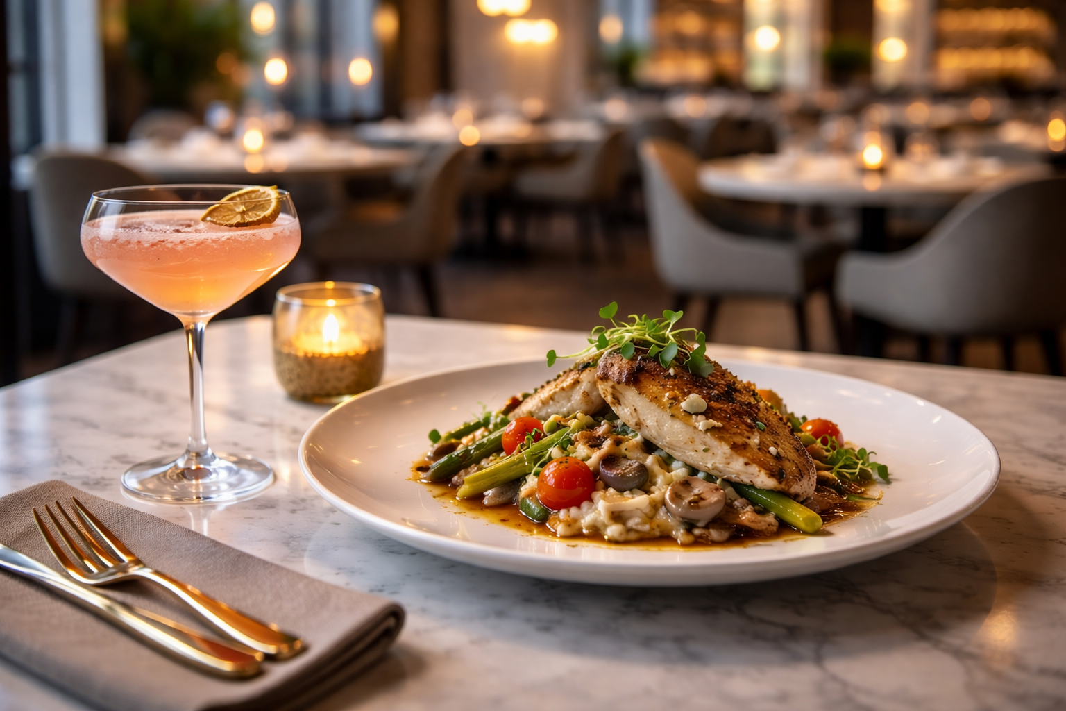 Provisional Kitchen - Elegant dinner with chicken and cocktail