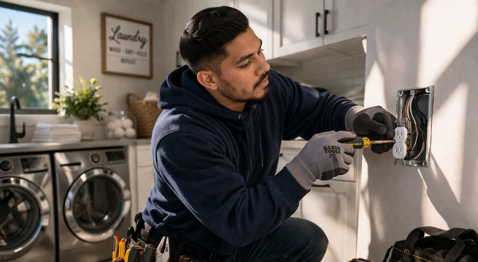 RK Electric - Electrician installing outlet in laundry room