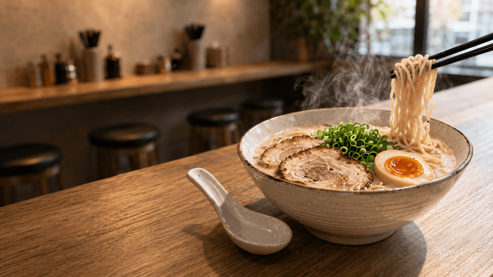 Ramen Mik San Marcos Sunlit ramen bowl with lifted noodles