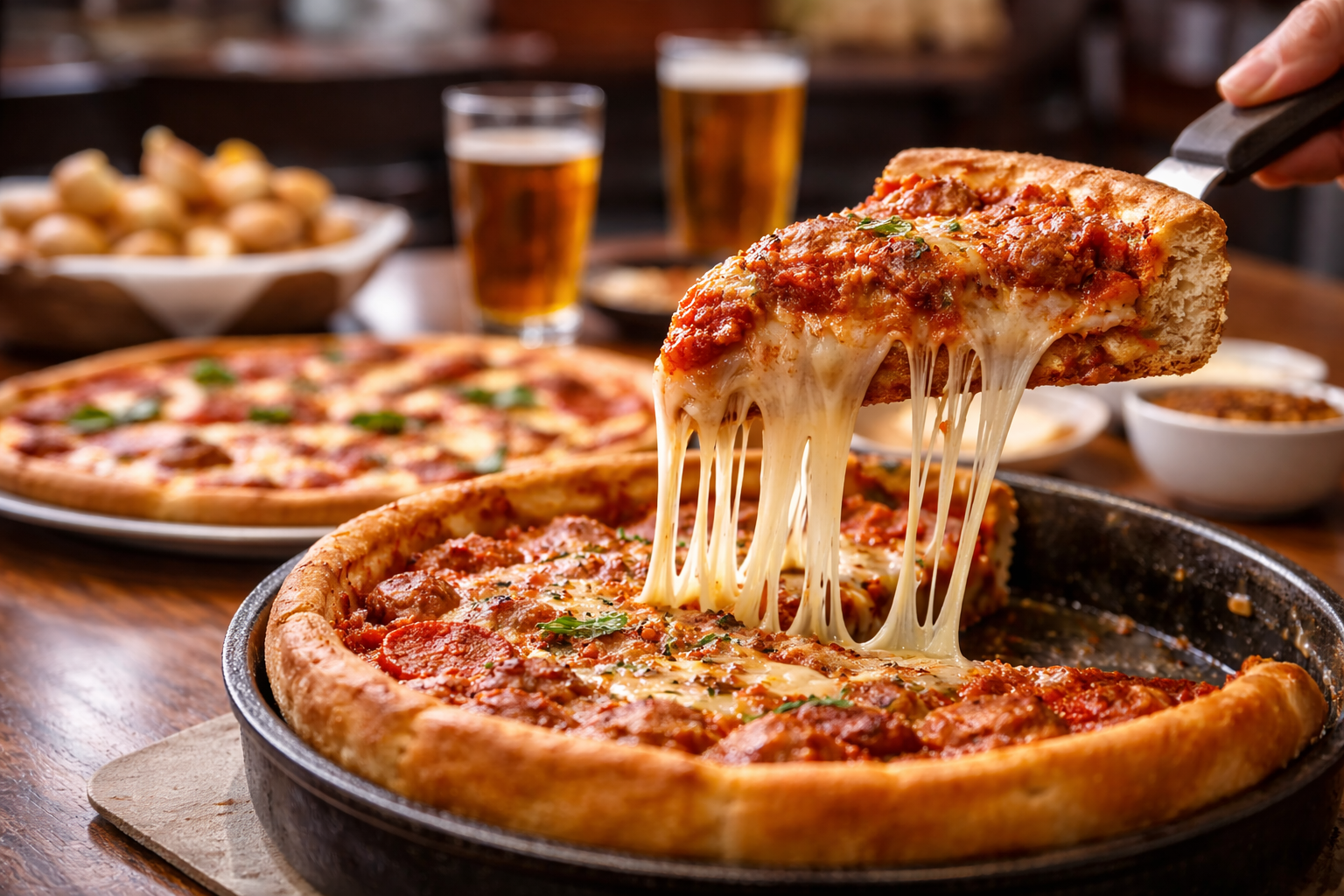 Regents Pizzeria - Chicago deep dish pizza slice pulled up