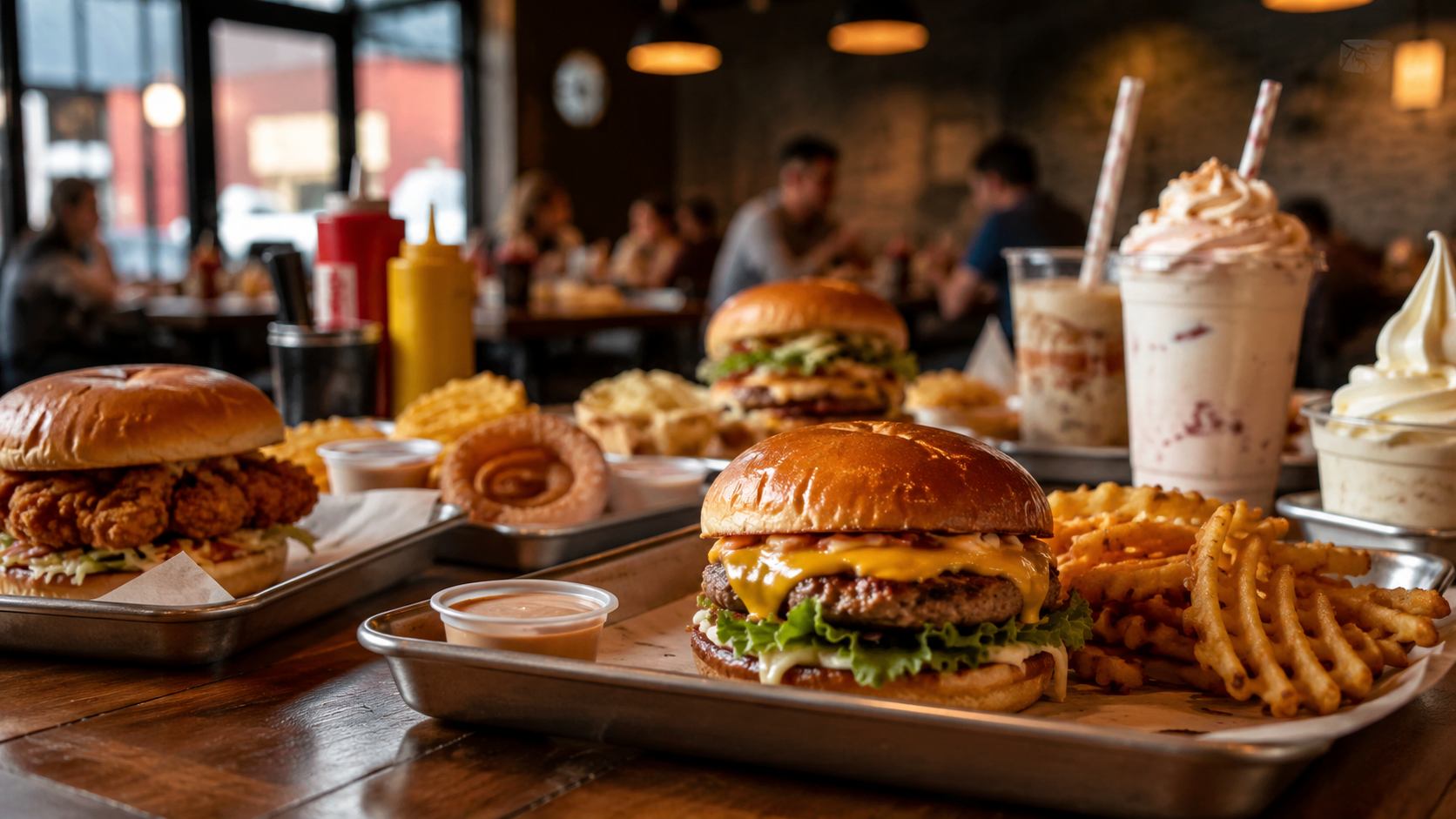 San Francisco Burgers Casual dining feast on wooden table