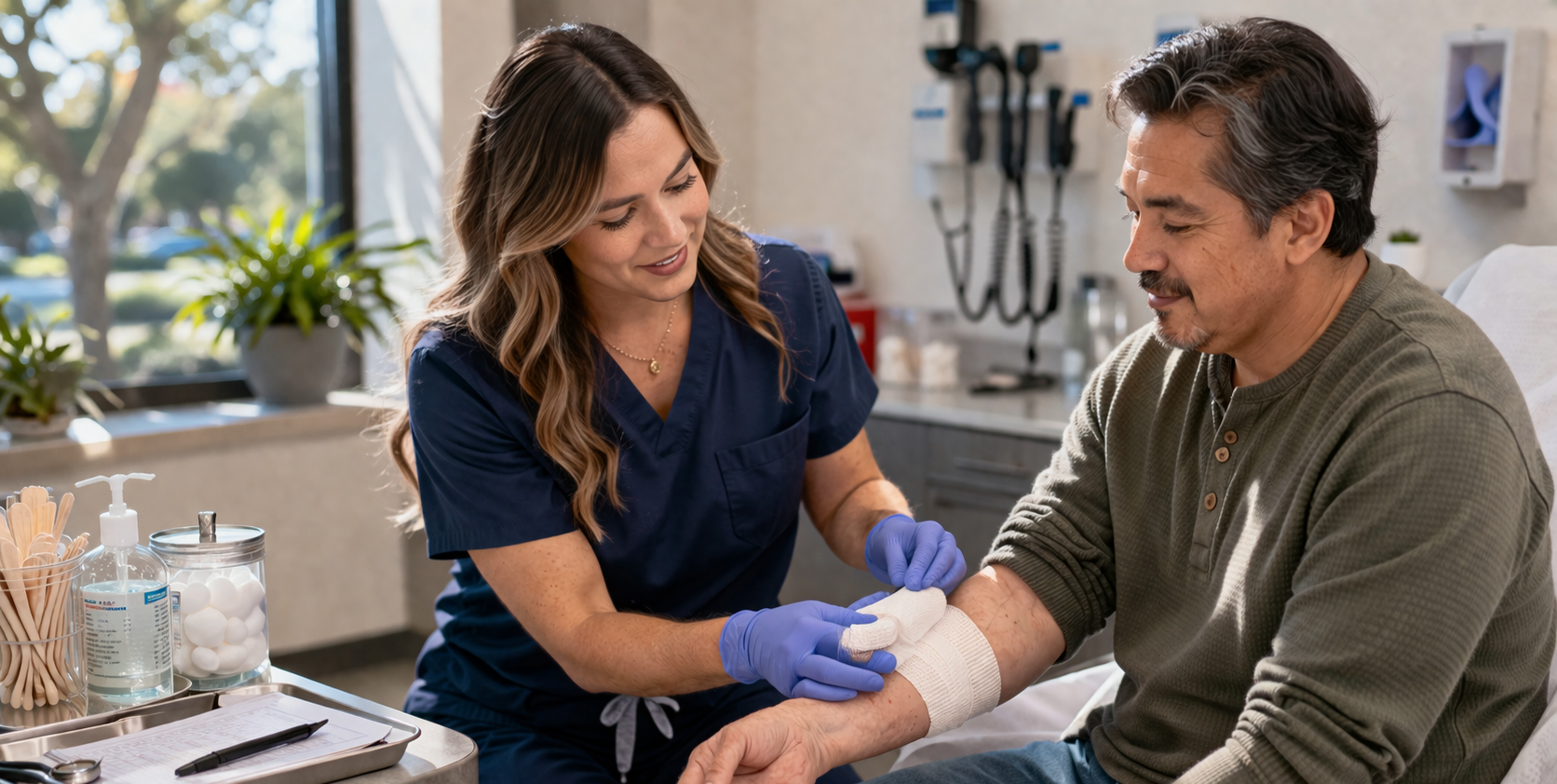 Scripps Clinic Rancho Bernardo Urgent Care - Caring nurse adjusts bandage in clinic
