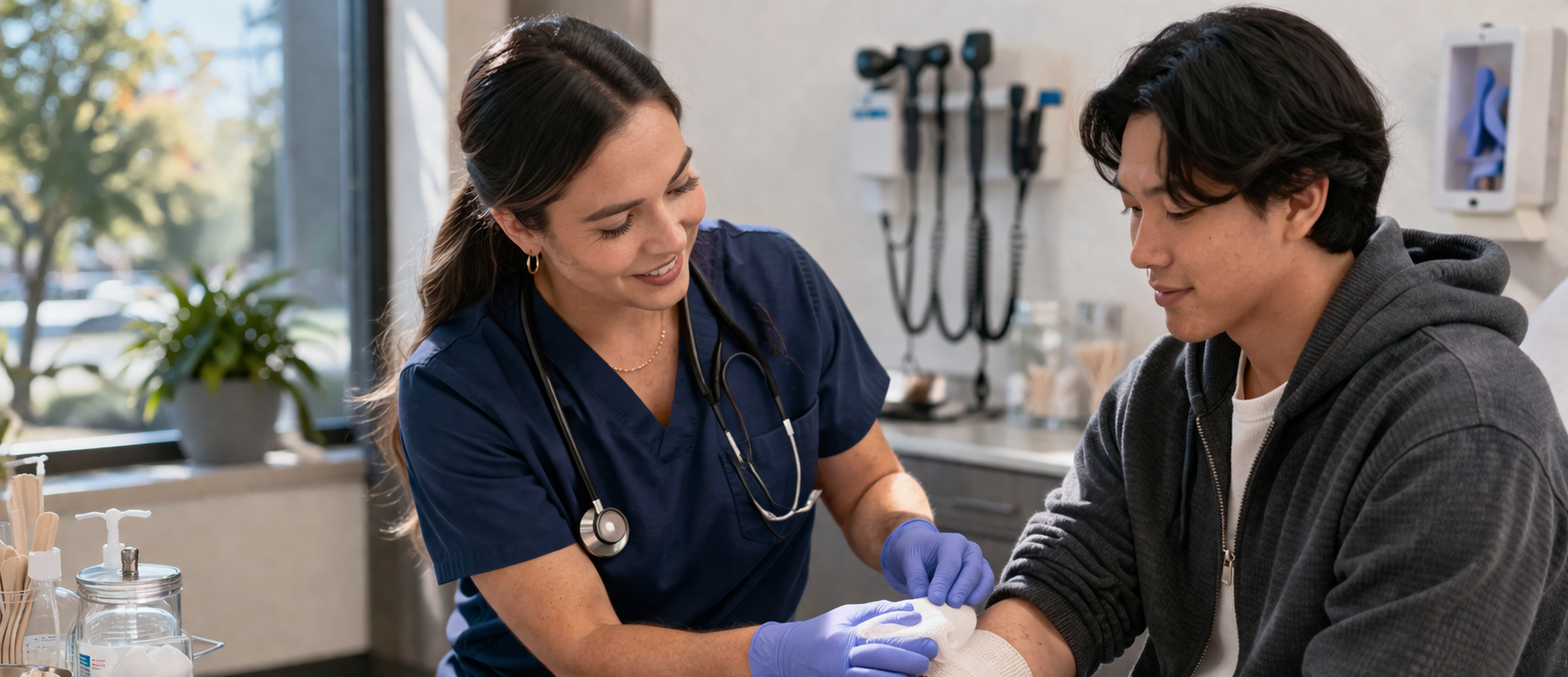 Sharp Rees-Stealy Downtown Urgent Care - Caring clinician tending to patient’s wrist