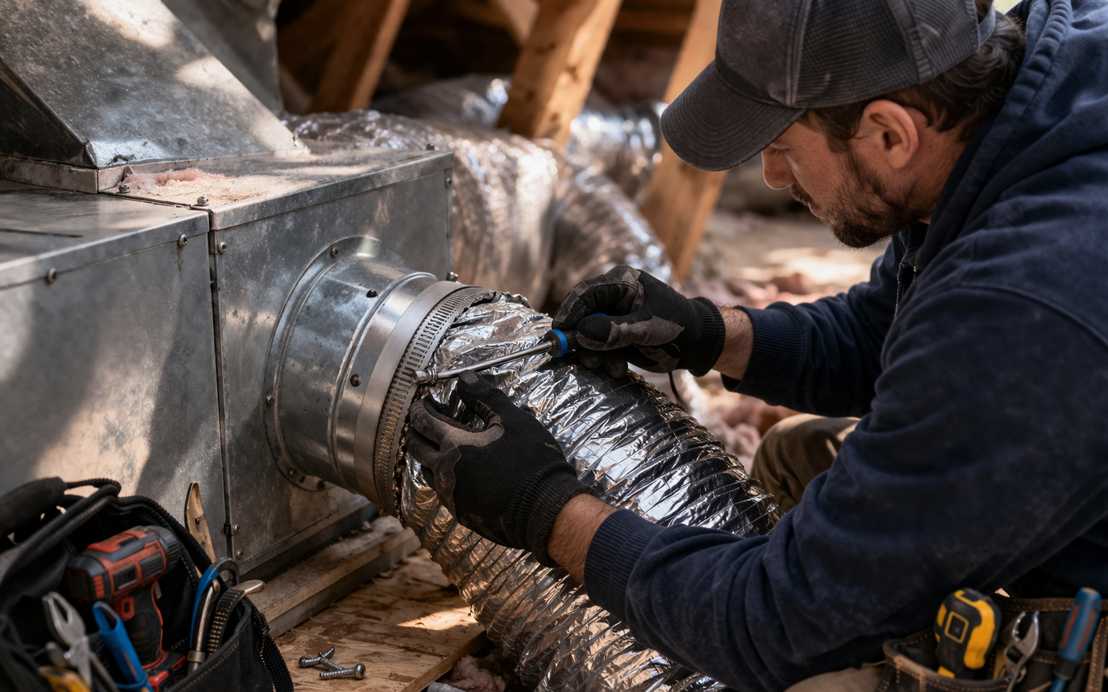 Sherlock Plumbing, Heating & Air - Technician tightening ductwork in attic