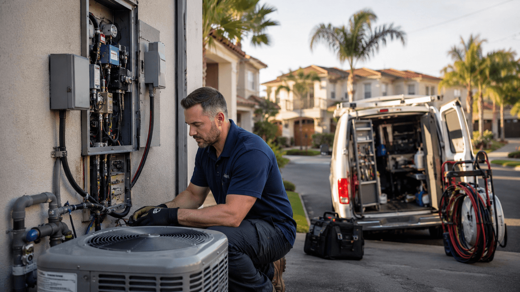 Sherlock Plumbing, Heating & Air Technician working on HVAC system outside