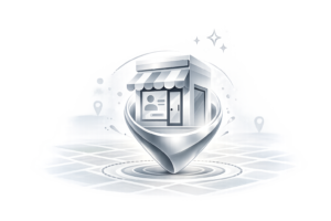 Stylized storefront on metallic map pin