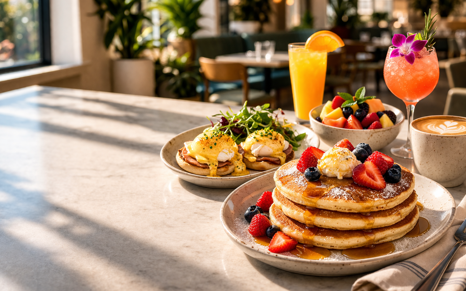 Snooze - Bright brunch spread with drinks and pancakes