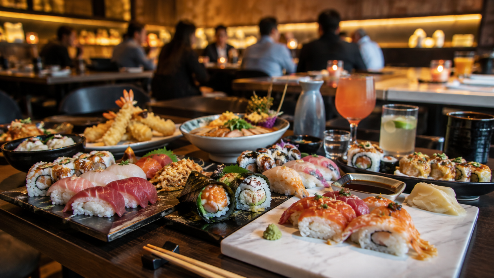 Sushi Sushi feast in a lively restaurant