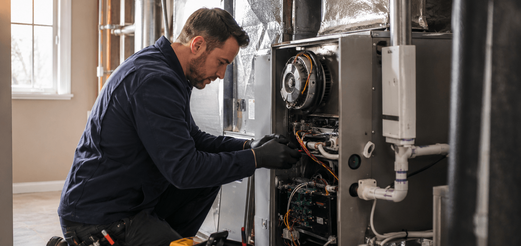 Temperature Solutions Inc Man servicing HVAC equipment in mechanical room