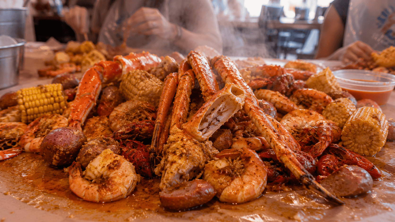 The Boiling Crab Seafood boil feast on paper