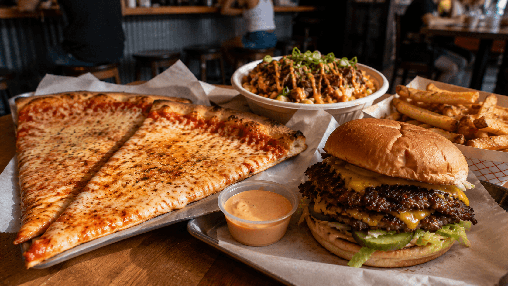 The Friendly Cozy diner feast with pizza and burgers