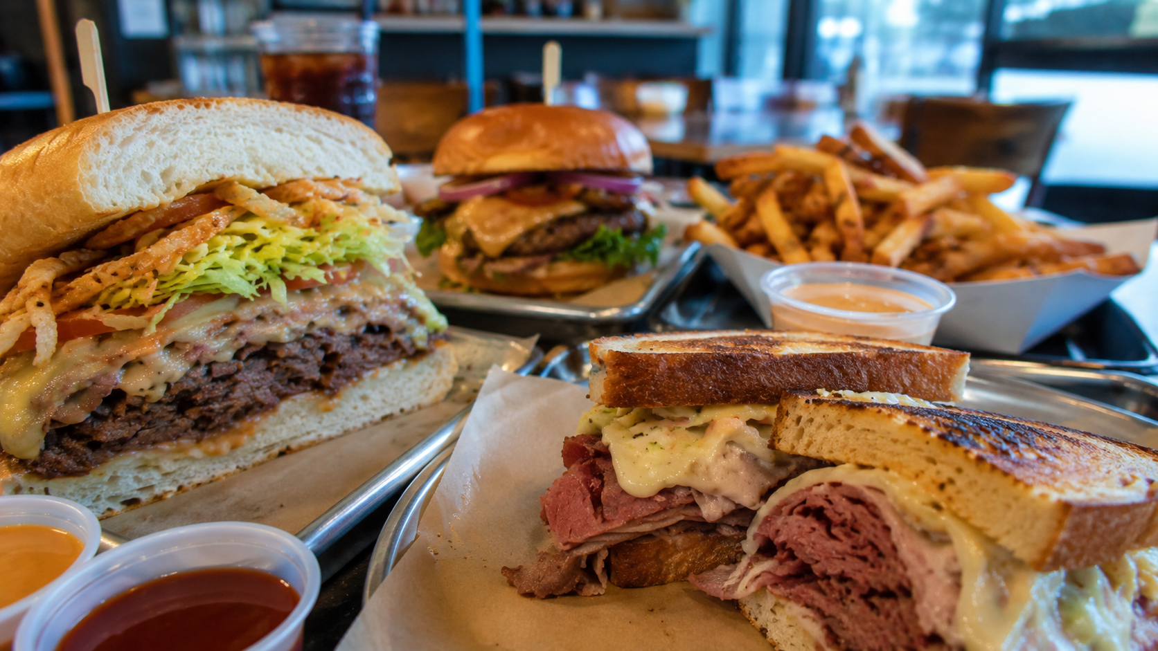 The Sandwich Society Diner feast with sandwiches and fries