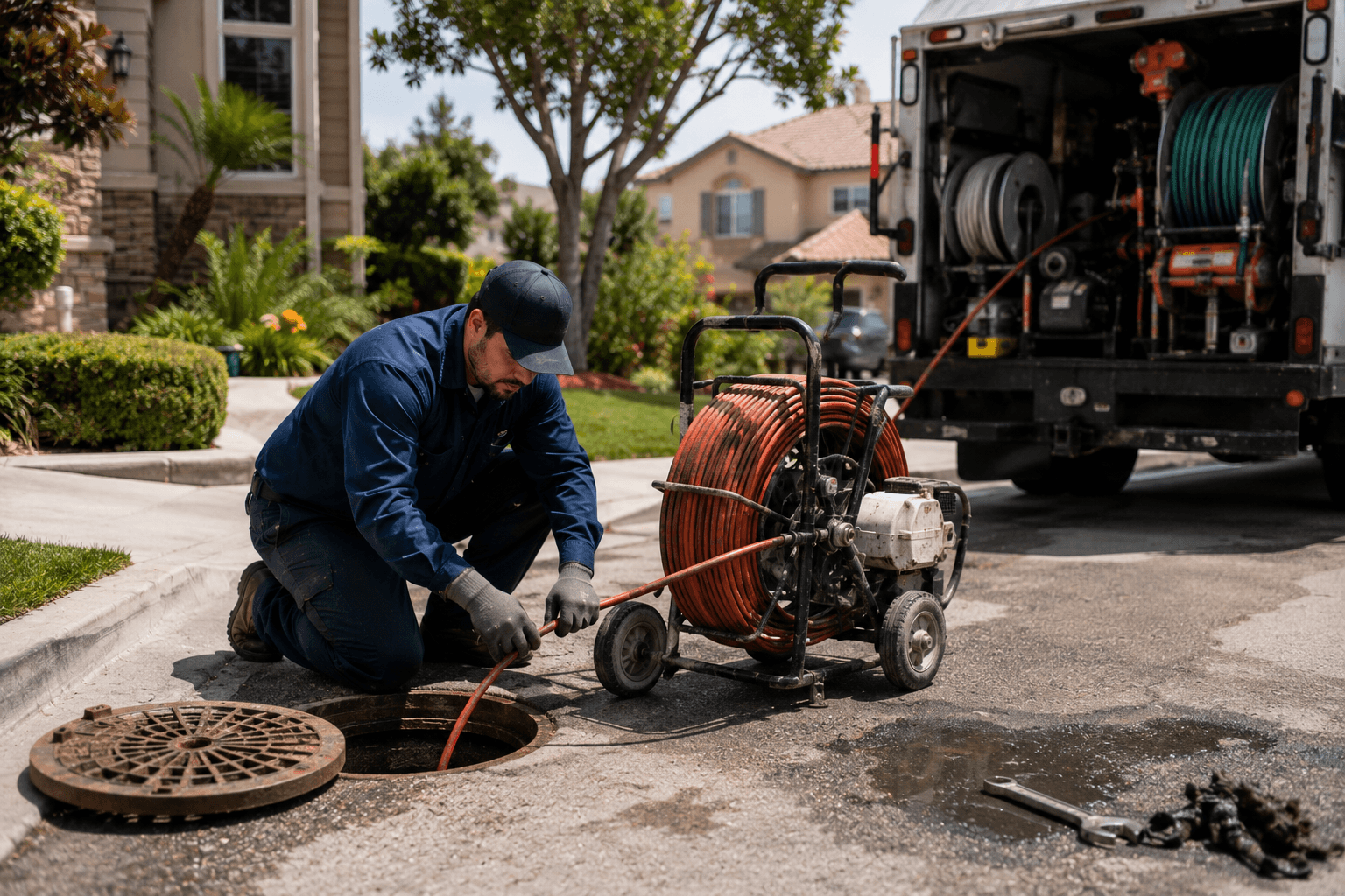 The Sewer Pros Sewer maintenance in a suburban neighborhood