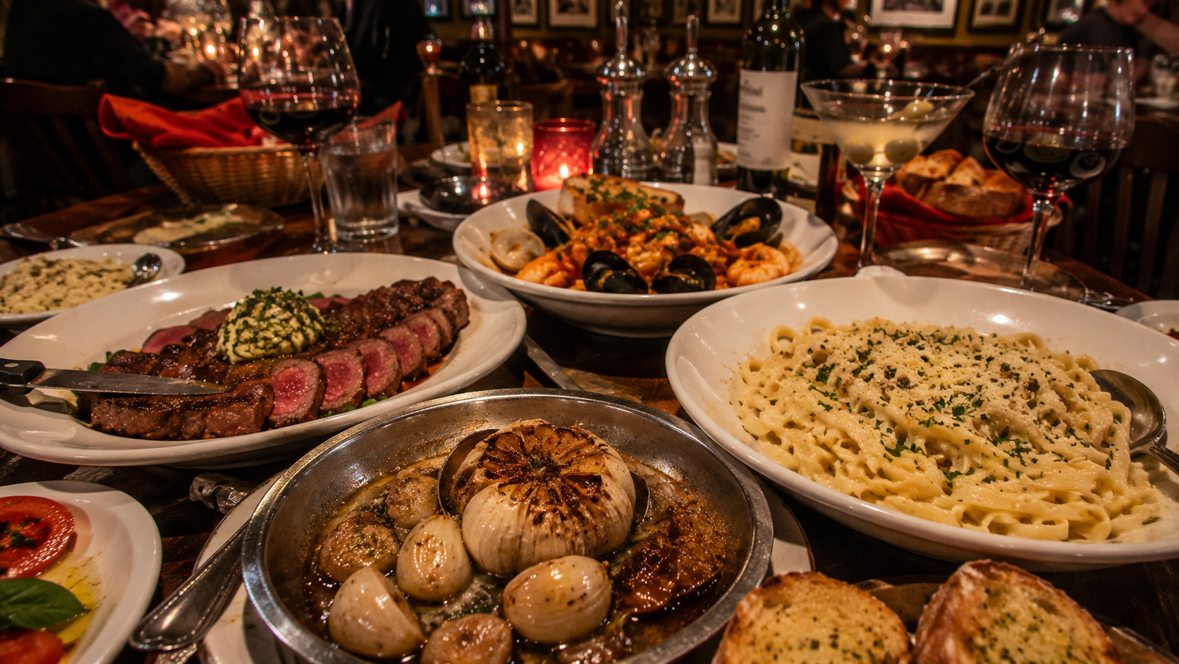 The Stinking Rose - Rustic Italian dinner spread
