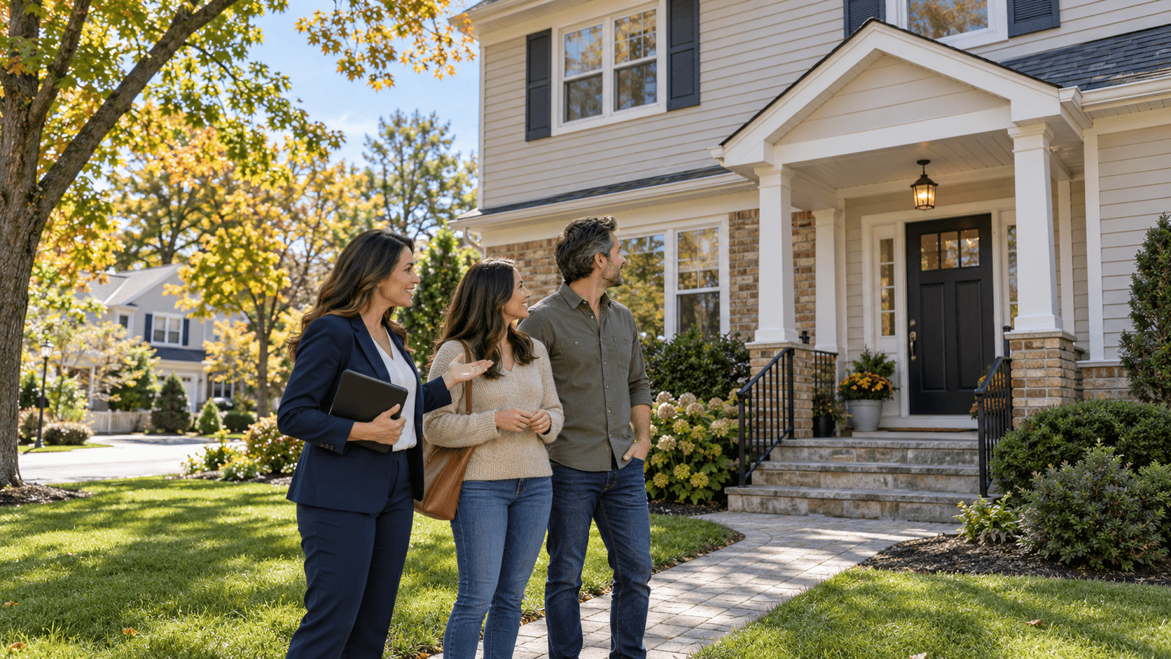 Real estate professional showing two homebuyers a suburban house with a covered entrance and landscaped front yard.