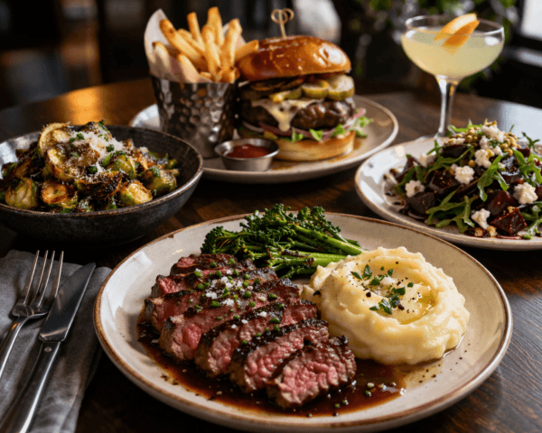 Trust Restaurant - Gourmet steak dinner on wooden table