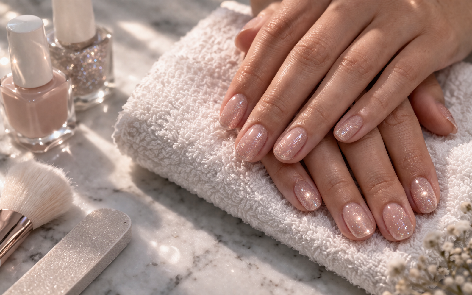 Twinkle Nails & Spa - Sparkling nude nails on soft towel