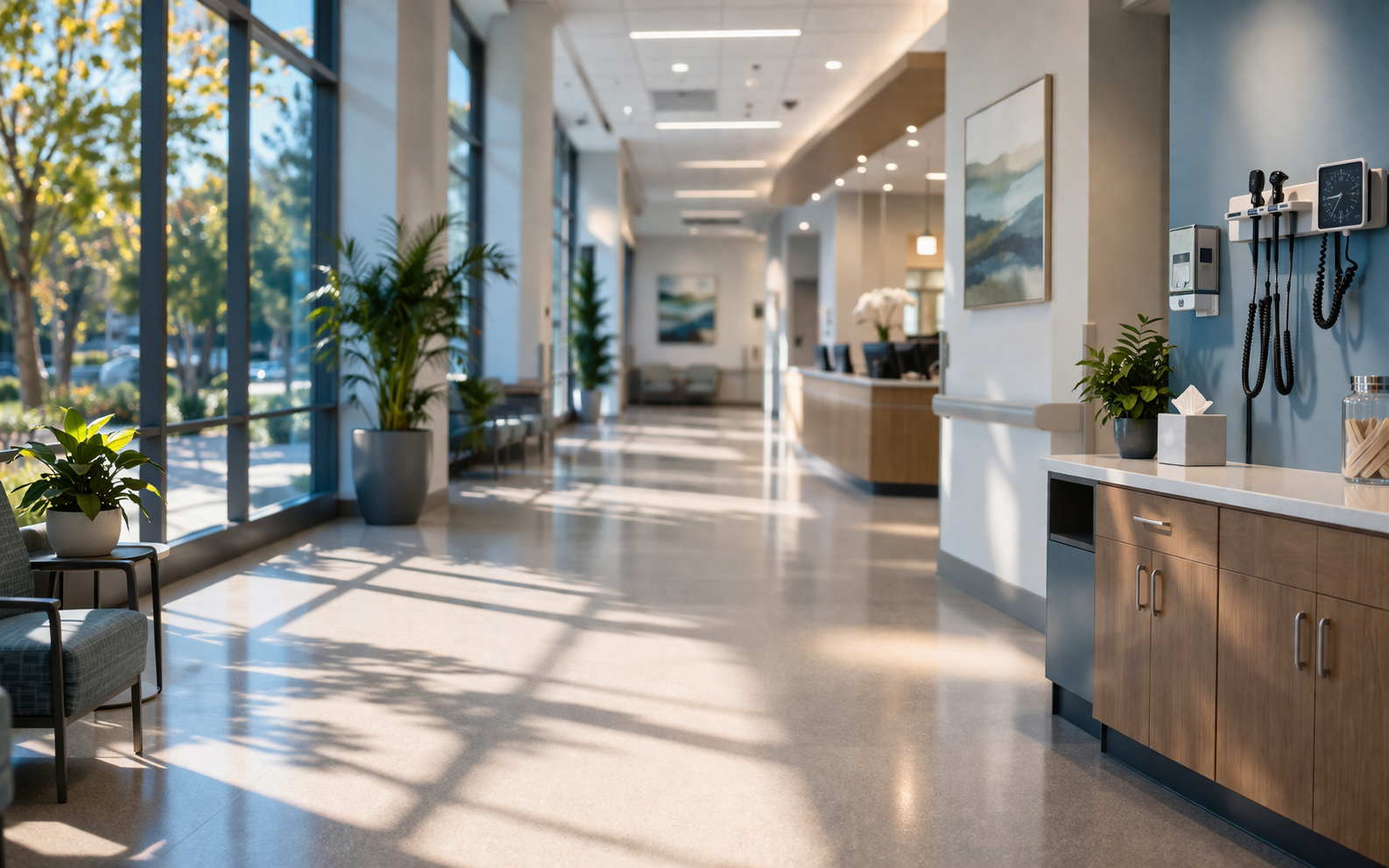 UC San Diego Health – Hillcrest Medical Center - Modern healthcare corridor with natural light