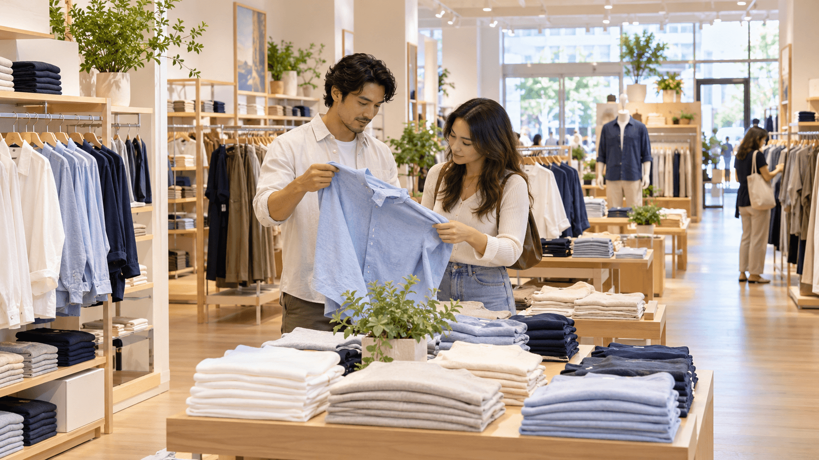 UNIQLO Westfield UTC San Diego, Casual shoppers compare a soft blue shirt