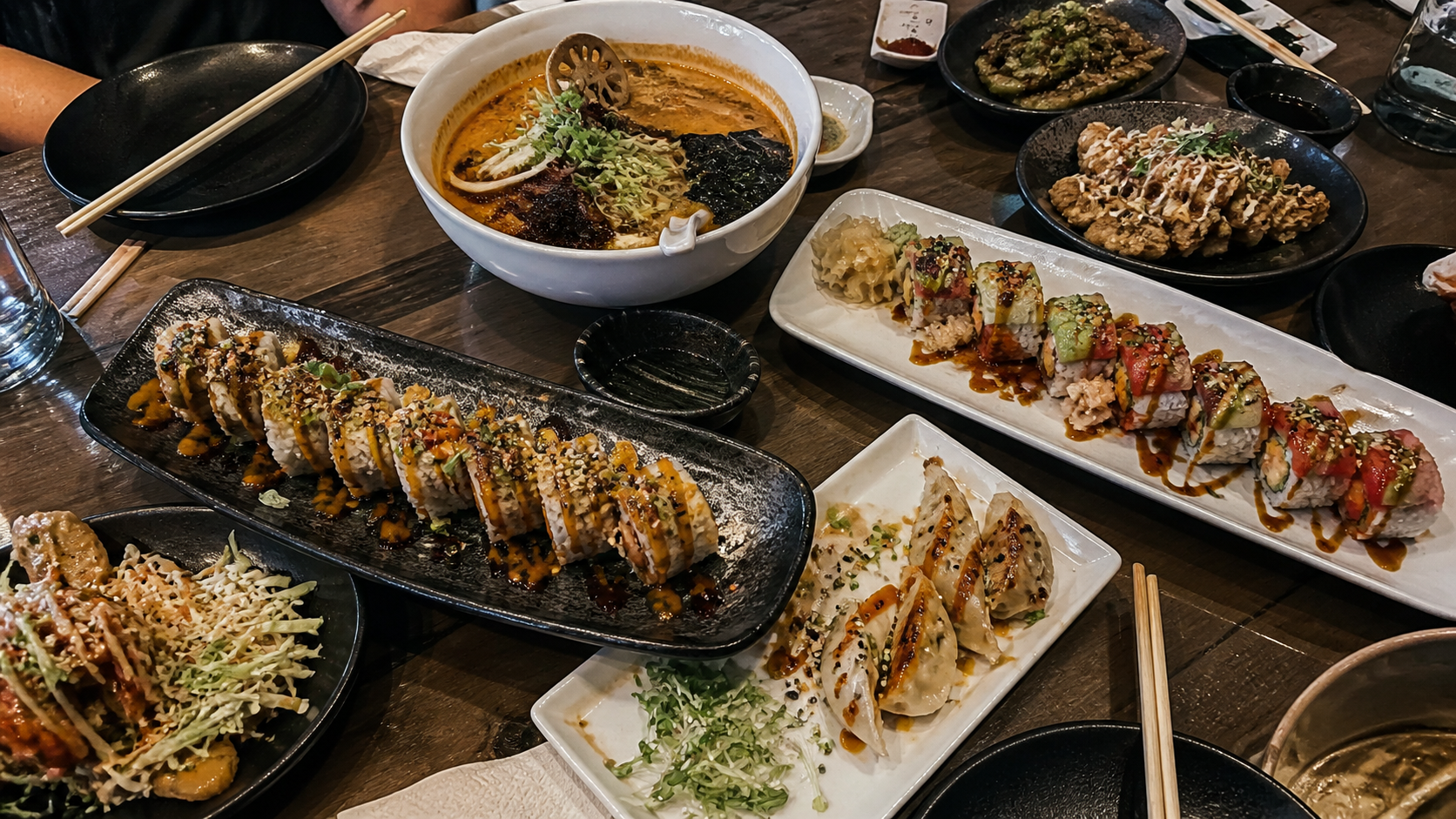 Vegan Mirai San Diego - Sushi and ramen feast spread
