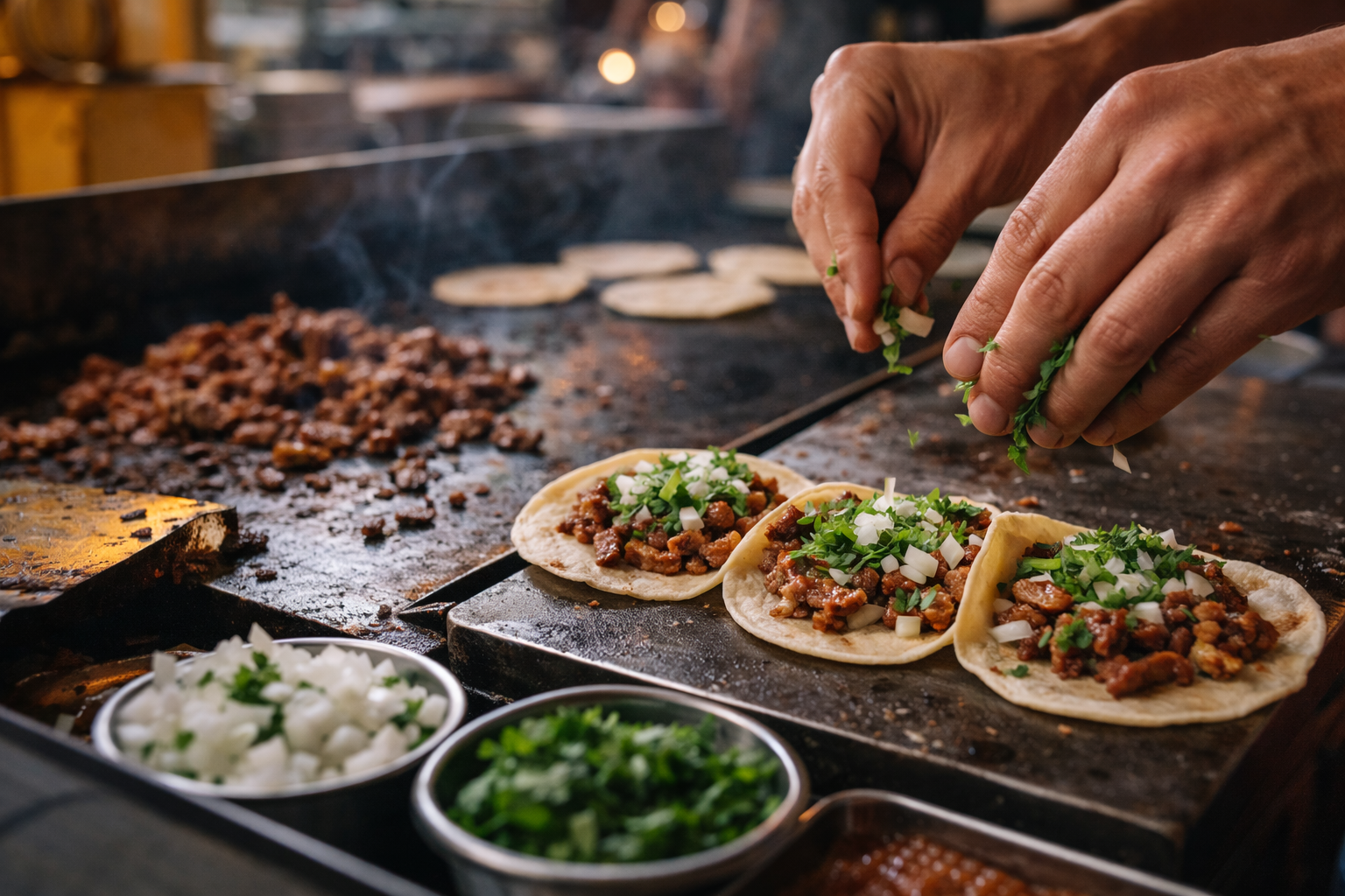 Villa's Tacos - Taco preparation at the street stand