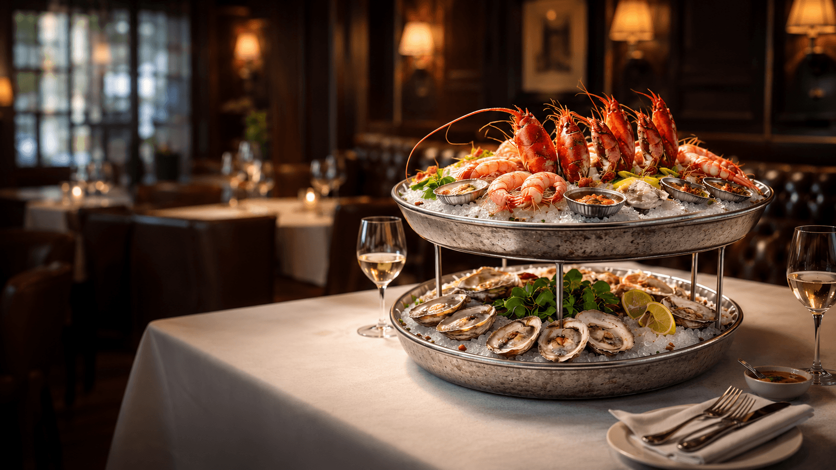 Water Grill elegant seafood tower in restaurant
