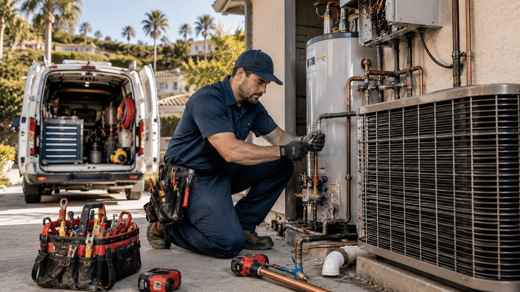 We Care Plumbing, Heating and Air Focused technician servicing plumbing and HVAC