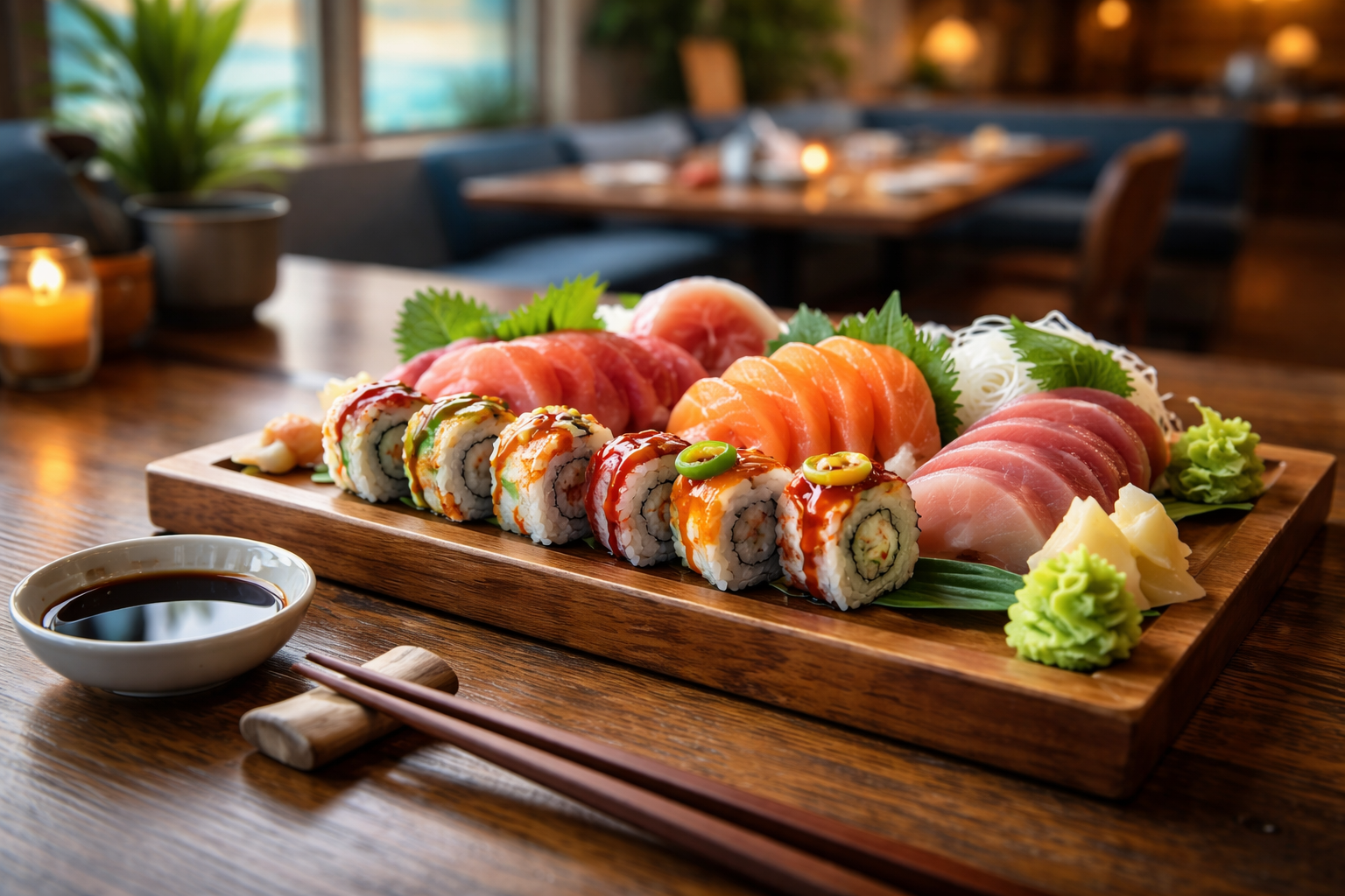Yummy Sushi - Fresh sushi assortment on wooden platter