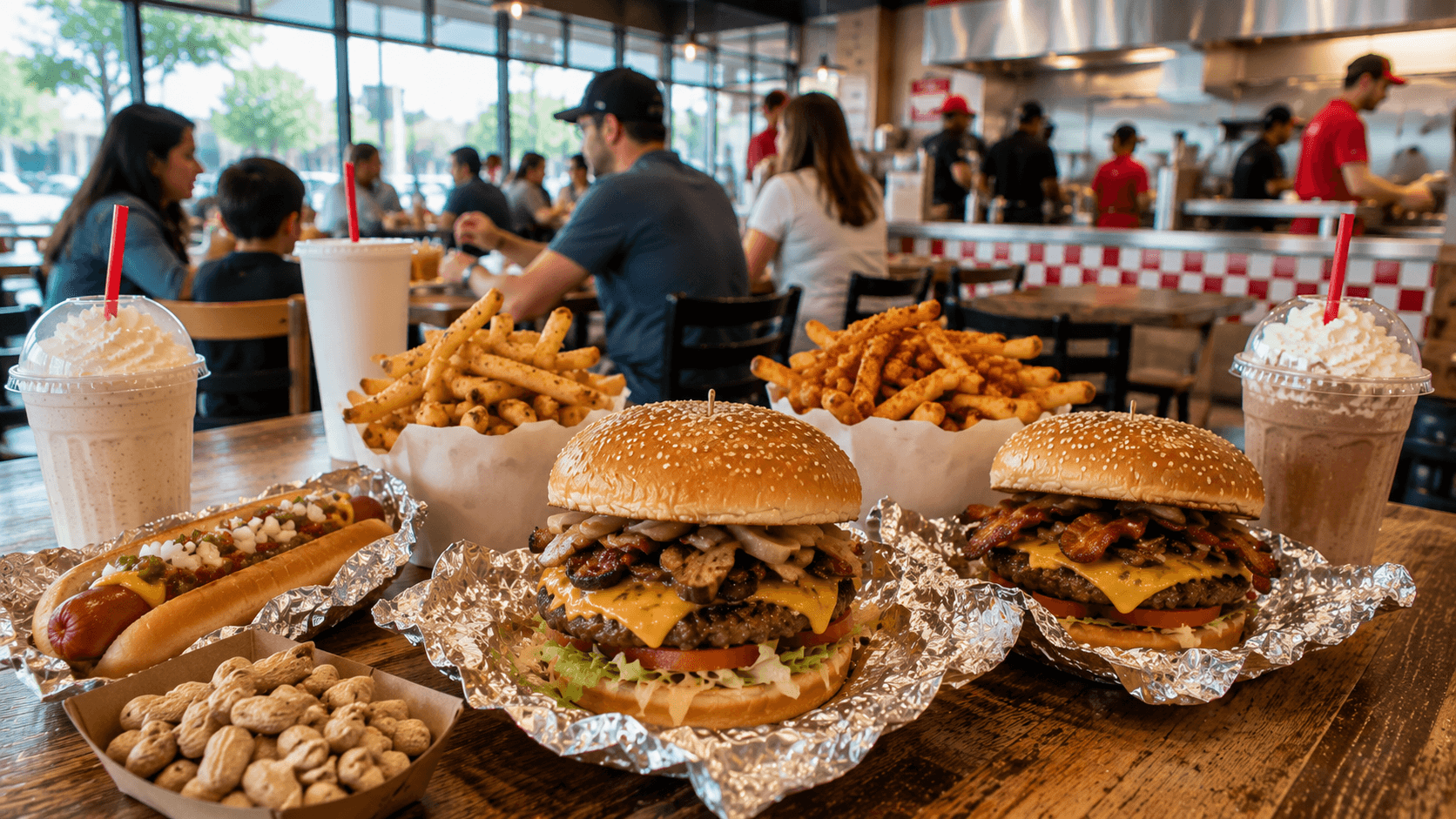 five guys Busy burger joint with tasty treats