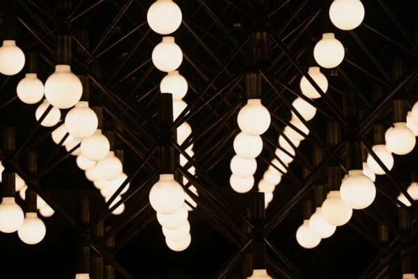 Rows of illuminated light bulbs hanging from ceiling