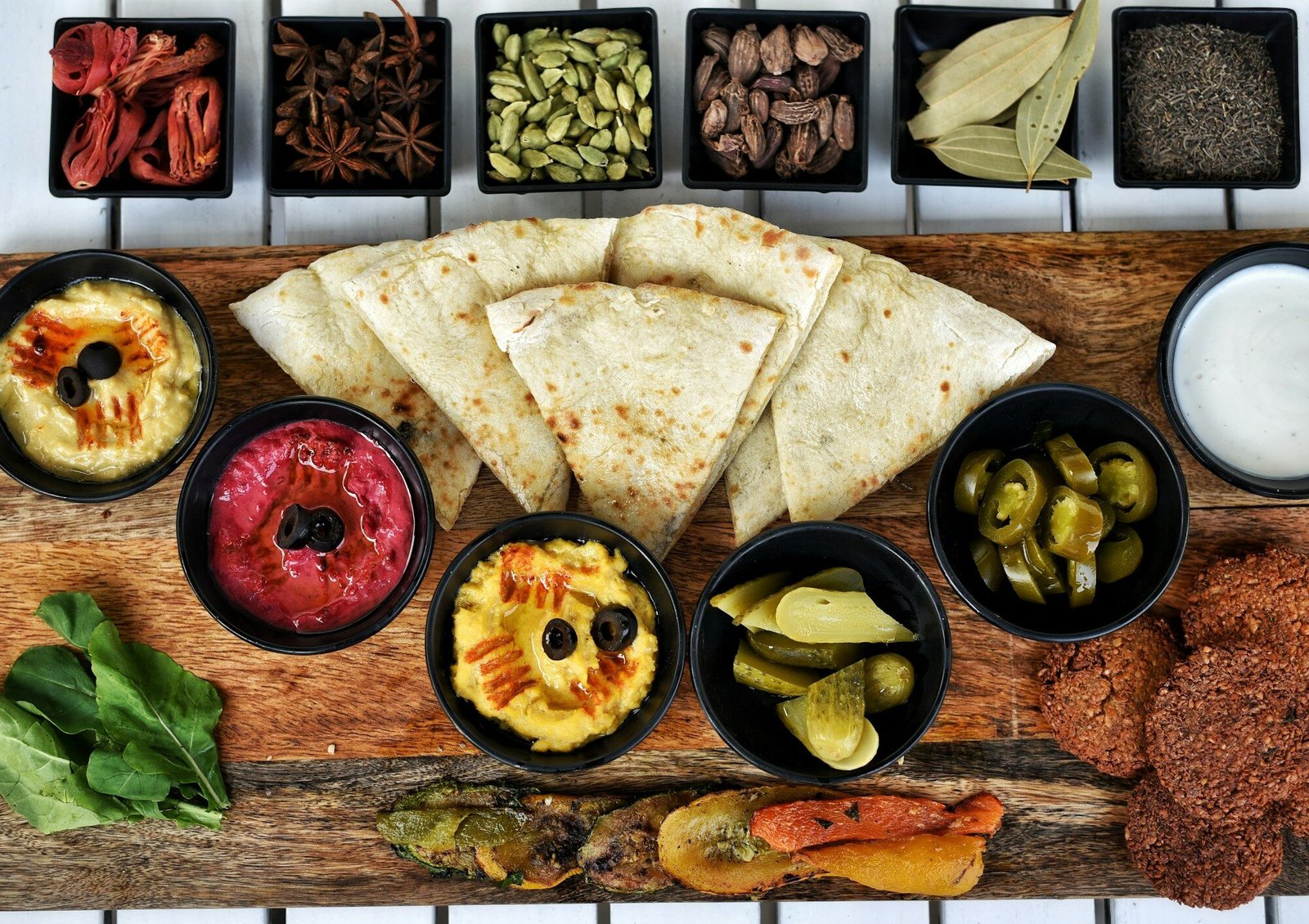 Assortment of middle eastern dips and flatbread